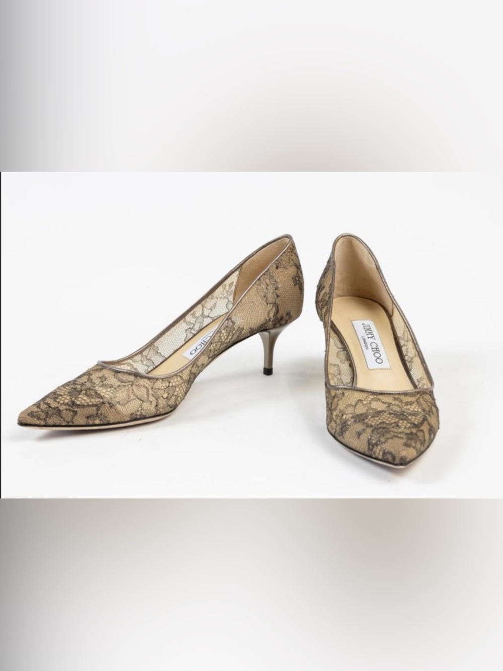 Jimmy Choo Gold Lace Pointed-Toe Kitten Heels